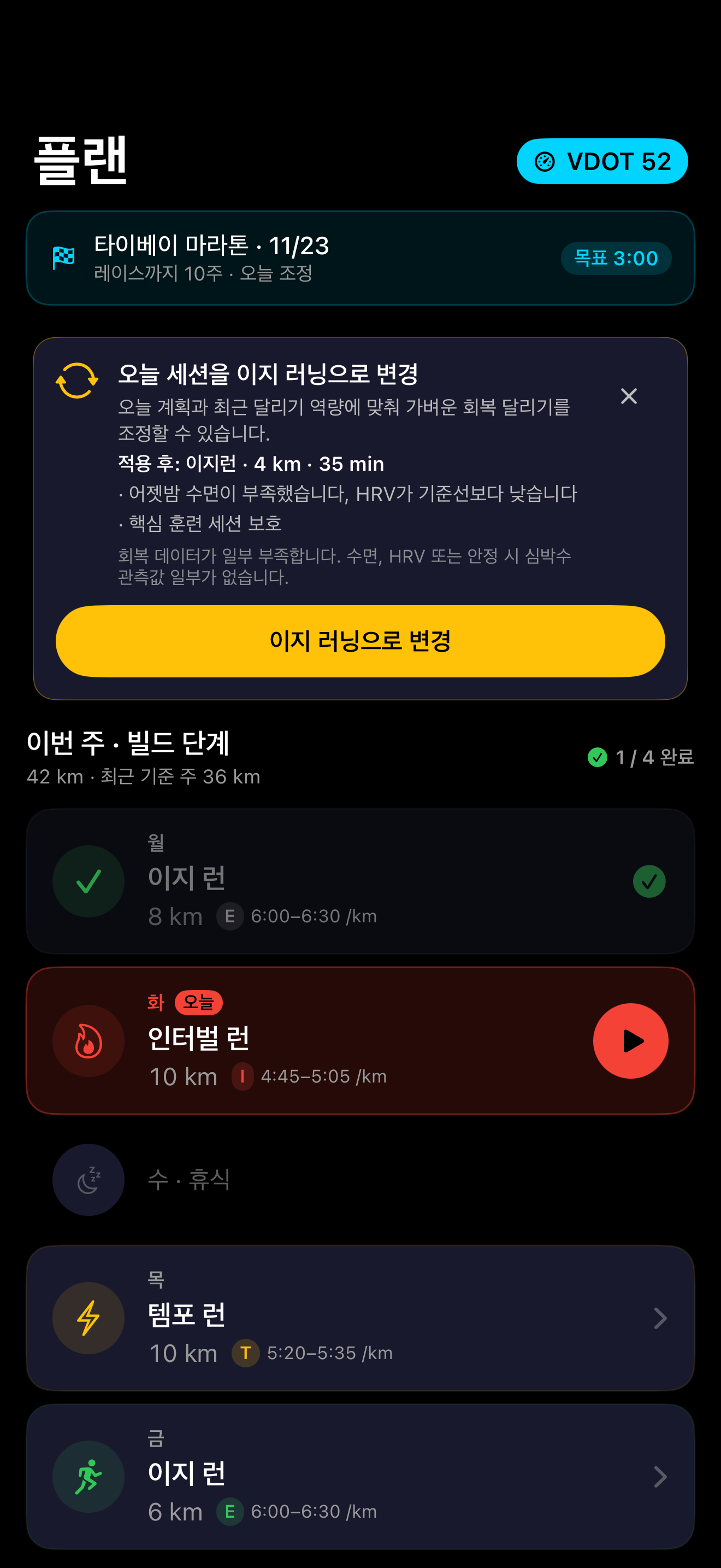 수면 부족과 낮은 HRV를 근거로 이지 런을 제안하는 코칭 배너