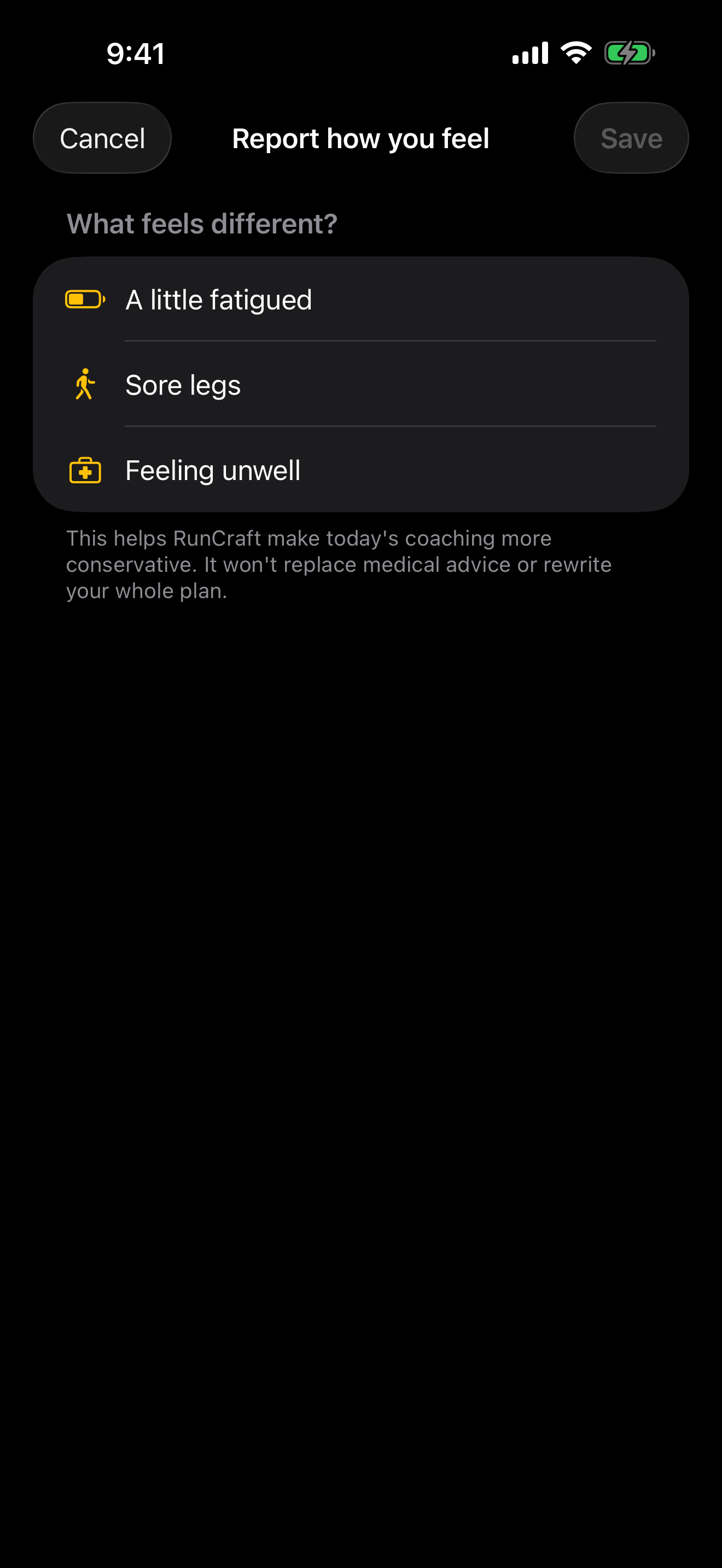 Runner-initiated recovery report with fatigue, sore legs and feeling unwell options