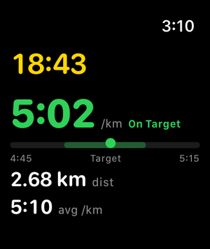 Apple Watch pace target screen showing on-target pace